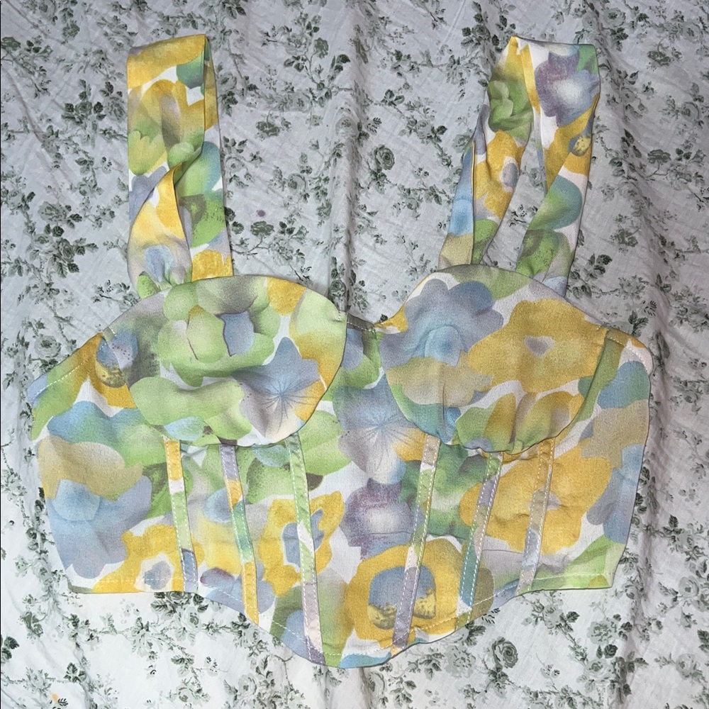Cider Yellow and Green Floral Crop Top